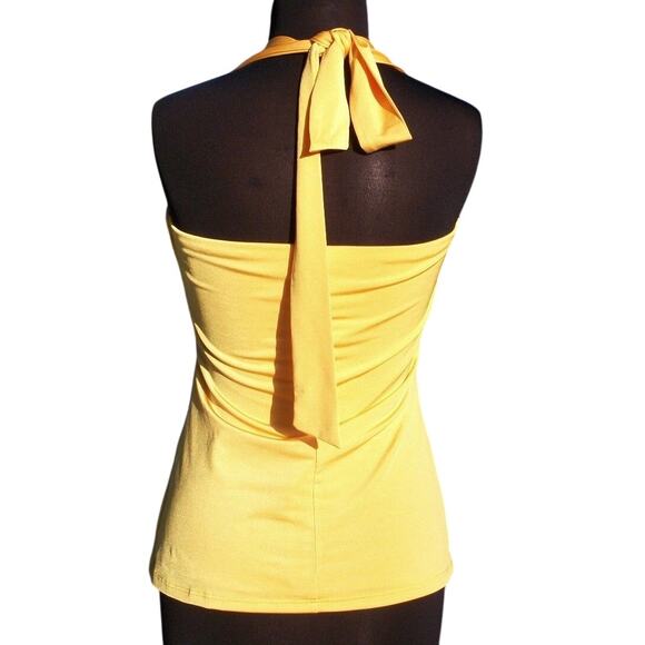 Cache Yellow Ruched Lined White Embellished Stretch Halter Top Lined $98 NWT New - Picture 5 of 5